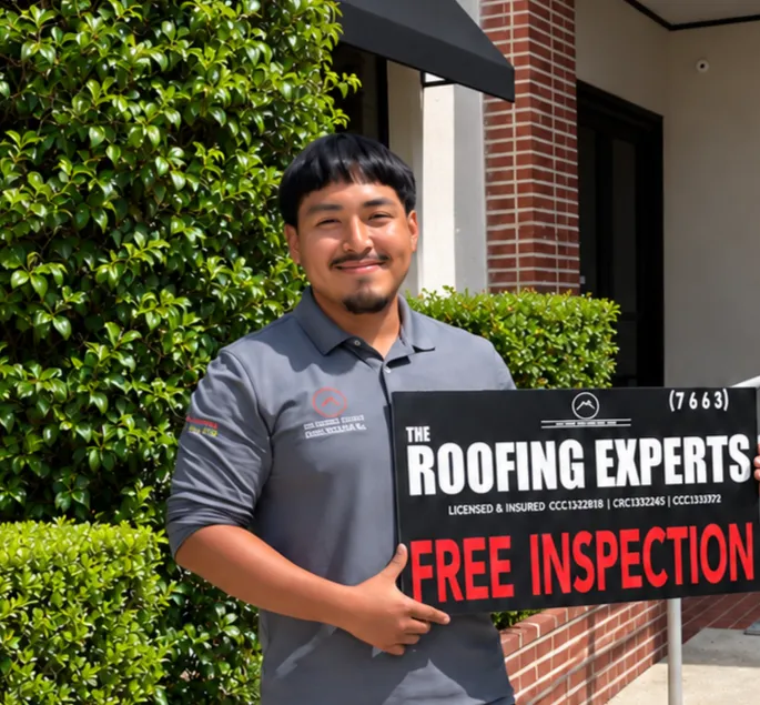 Roofing Experts USA project manager Sergio Pichardo holding sign with company logo and free inspection offer.