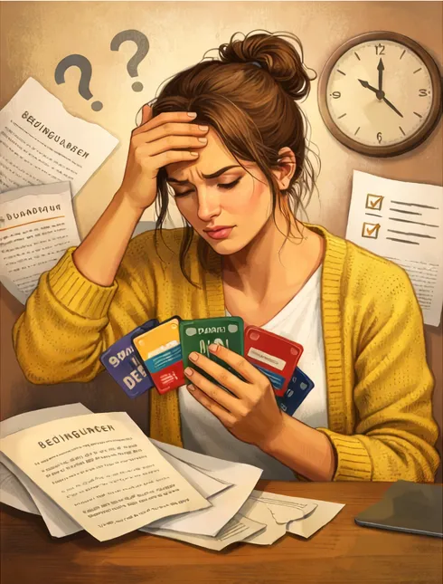 confused woman with 5 loyalty cards