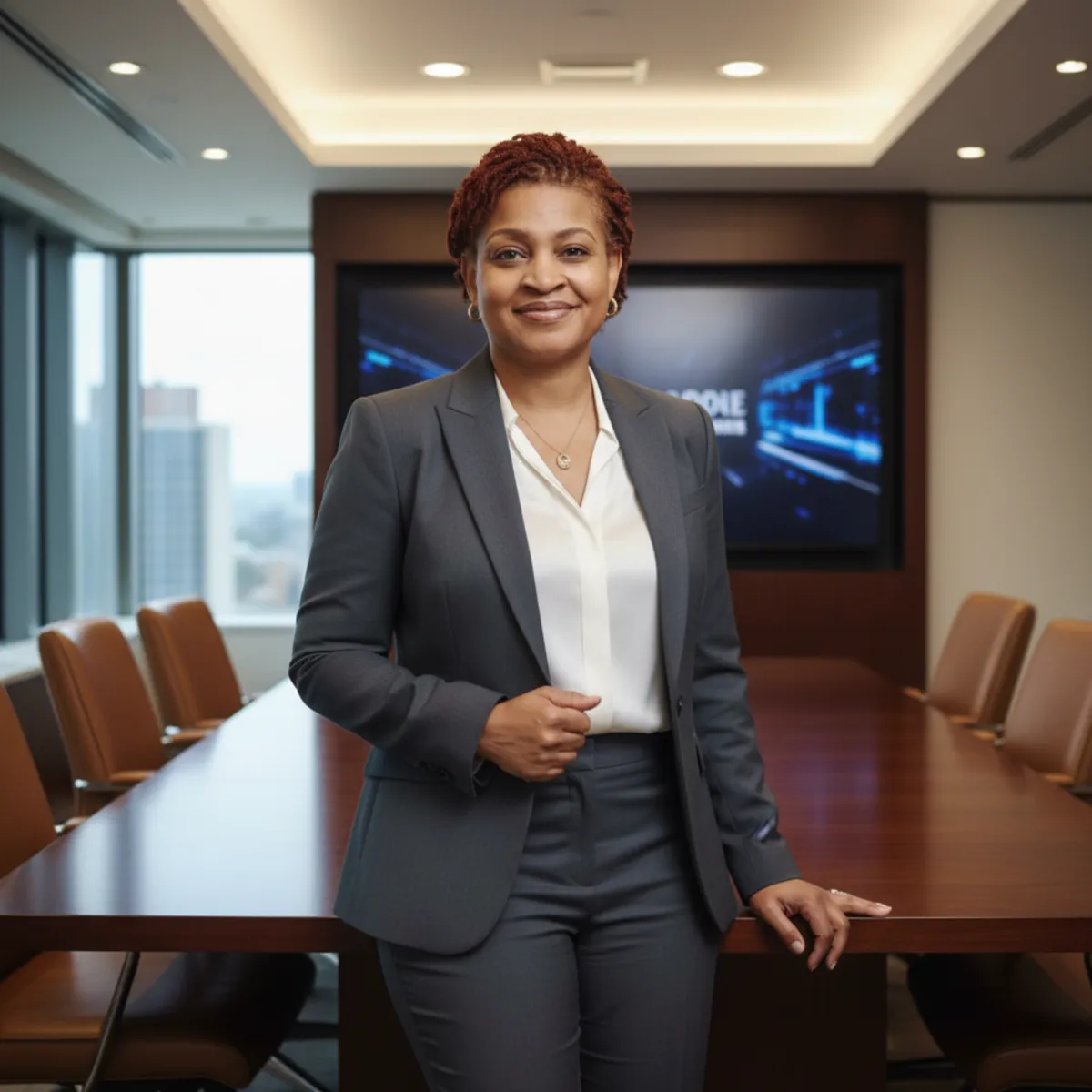 Portrait of an executive coach in a refined office with warm lighting and a notebook