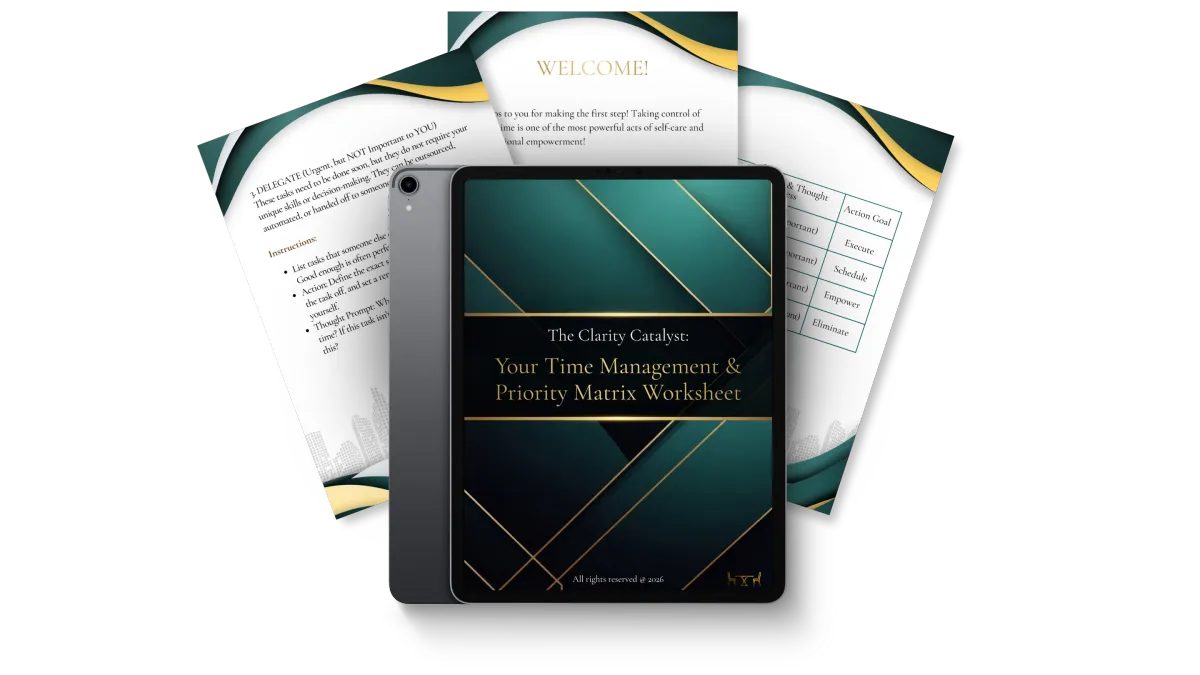 Elegant hardcover book mockup of The Clarity Catalyst guide on a dark marble desk