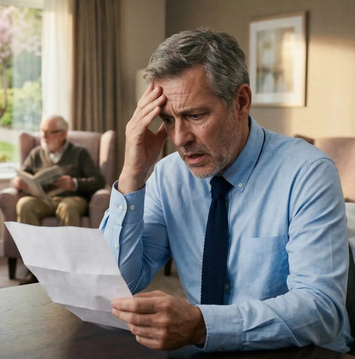 Man sitting shocking on a table with a warning letter in his hand.