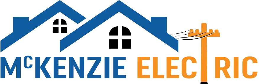 McKenzie Electric logo featuring blue roofs, a power pole, and the brand name in blue and orange, representing electrical services and home safety.