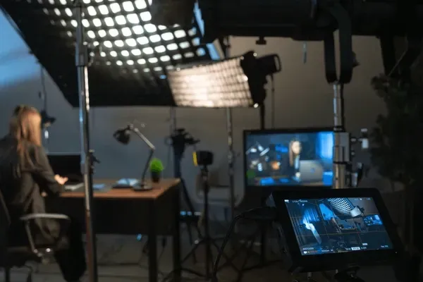 lady sitting at desk while people record her on set