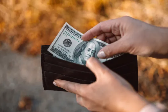 A person holding money in front of a computer screen