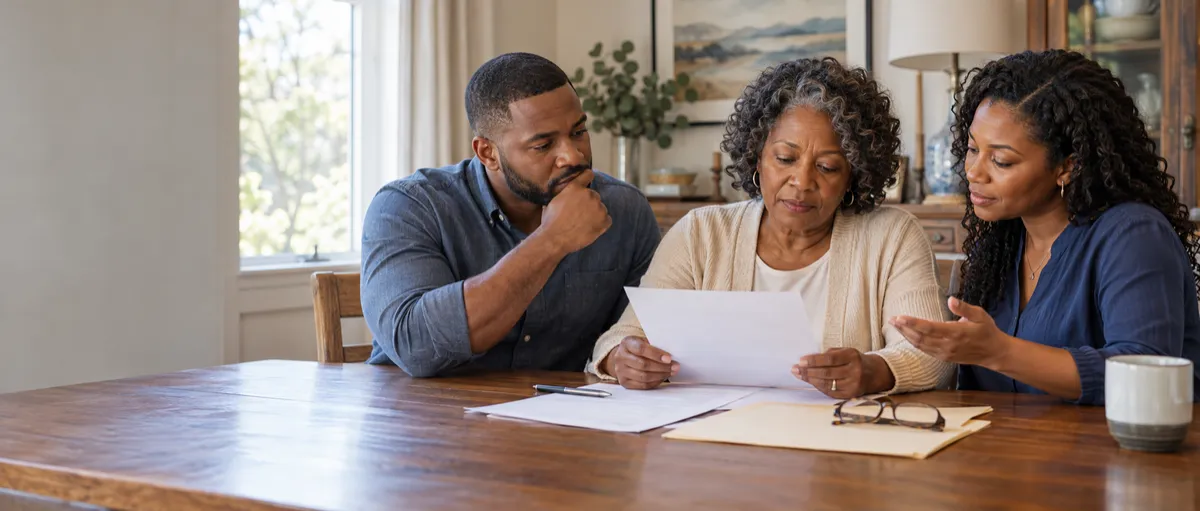 Concerned Black family reviewing estate-planning documents together at a table.