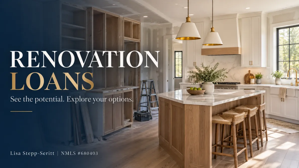 Renovation loan concept showing an unfinished kitchen transforming into a remodeled kitchen — Lisa Stepp-Seritt.