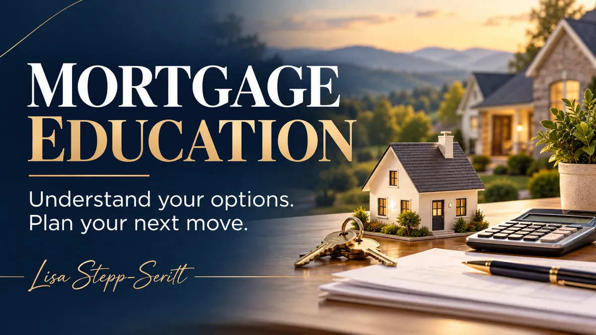 Mortgage Education by Lisa Stepp-Seritt, with a model home, keys, and calculator against an East Tennessee mountain backdrop.