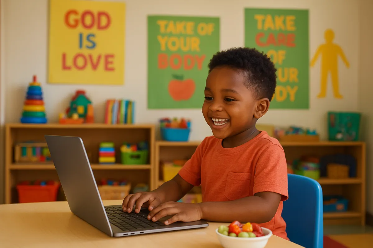 Child smiles as he engages with laptop