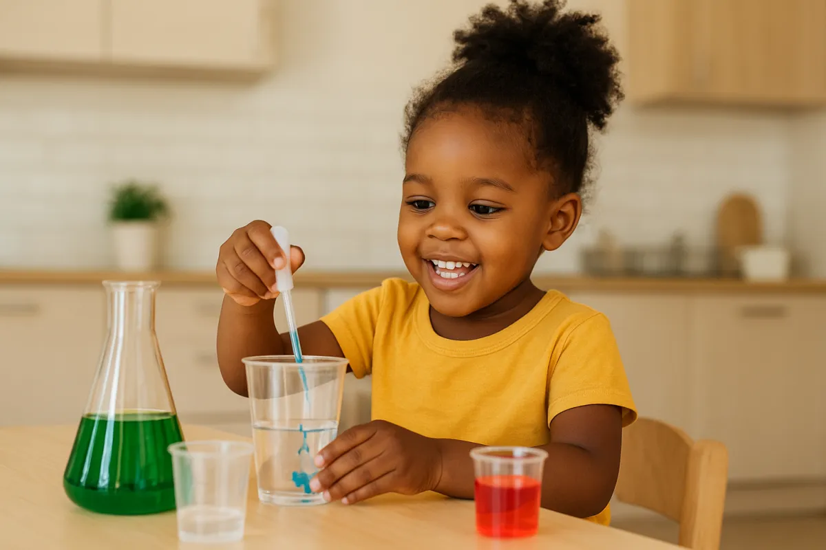 Girl puts different colored liquids in cup