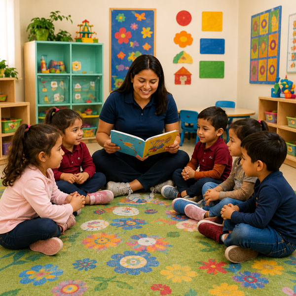 Teacher reading a Spanish story to children at Aventuras Childcare.