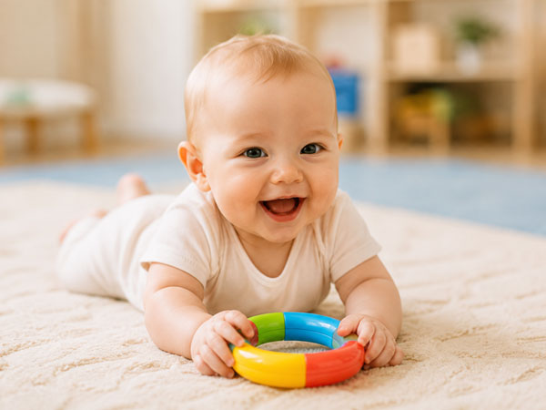 Infant exploring colorful toys in a nurturing daycare environment.