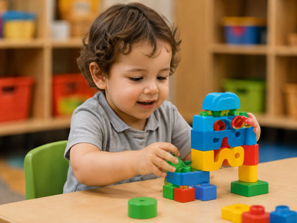 Toddler participating in a building activity at Aventuras Childcare.