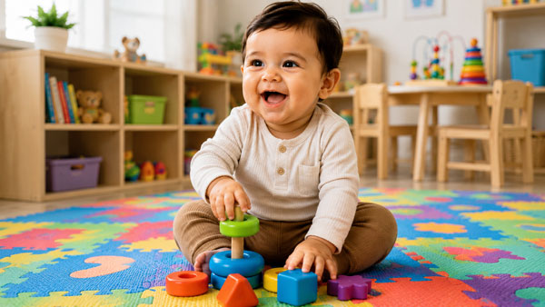Infant exploring colorful toys at Aventuras Childcare in Eden Prairie.