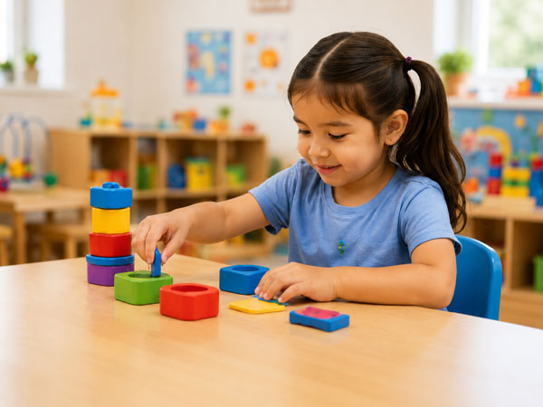 Child learning through colorful building blocks during a Spanish immersion activity.