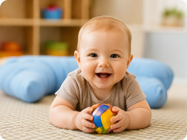 Infant participating in age-appropriate Spanish exposure at daycare.
