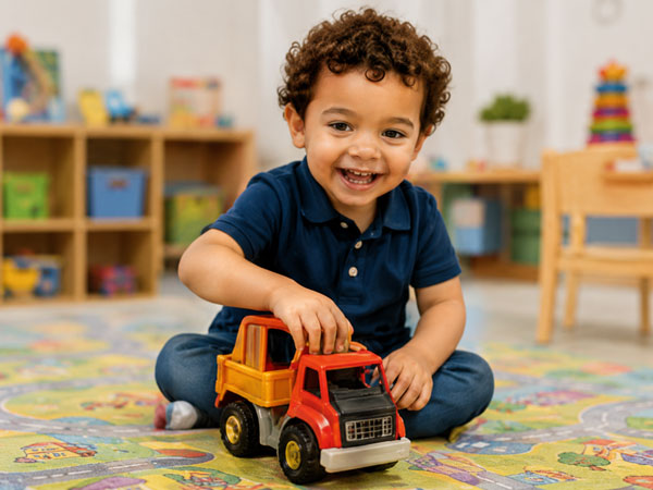 Toddler playing during a Spanish immersion childcare activity.