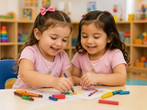 Preschool children completing a creative Spanish immersion activity.
