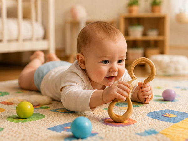 A baby playing with wooden ring toys on the floor