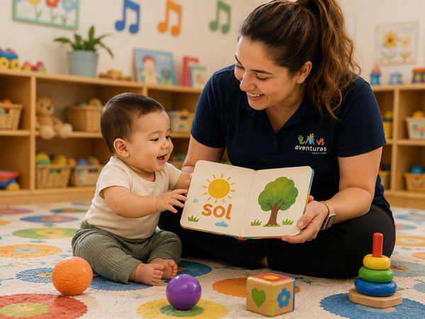 A teacher reading a book titled 'Sol' to two attentive babies