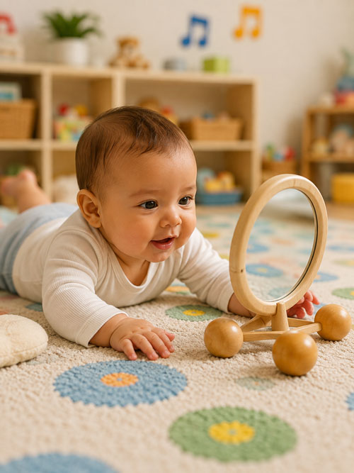 A baby looking at a wooden toy