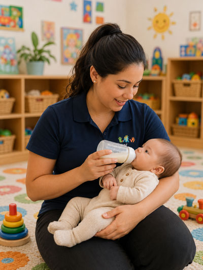 A teacher bottle-feeding a baby