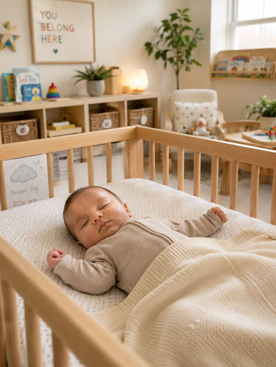A baby sleeping peacefully in a crib