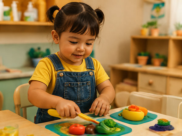 A young toddler girl focused on playing with wooden developmental toys.