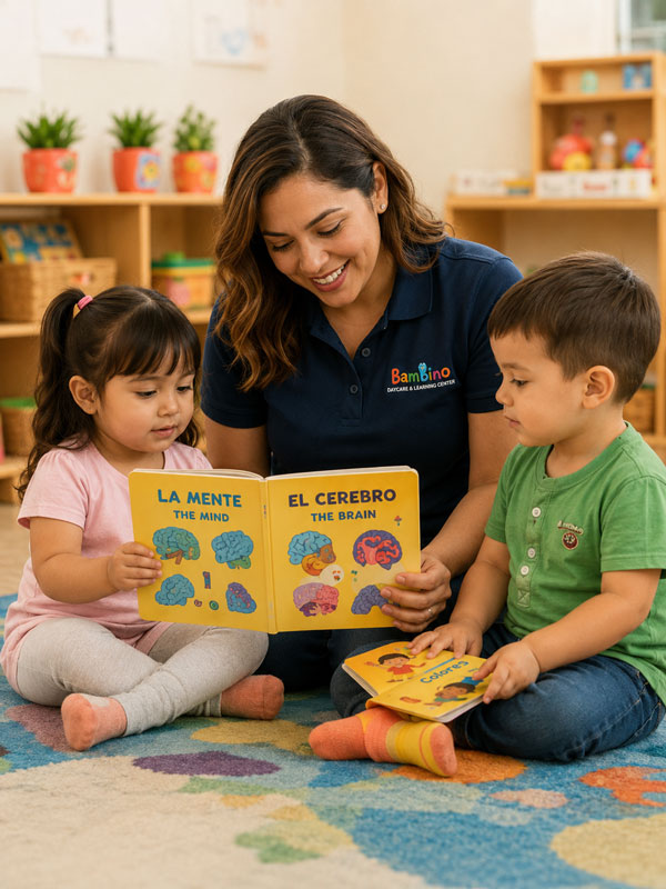 A smiling teacher showing a colorful book titled 'Llamas' to an engaged toddler.