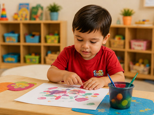 Toddler focused on finger painting on paper