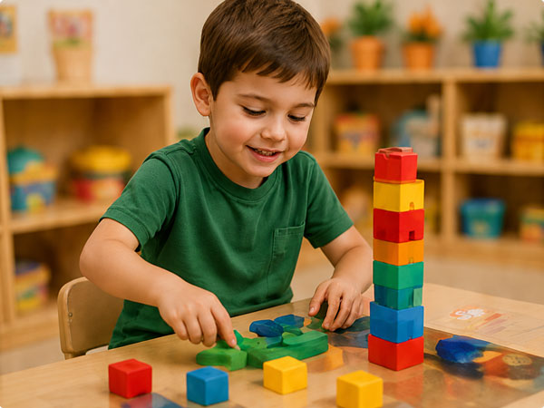 A young boy smiling as he plays with colorful wooden building blocks on a green mat