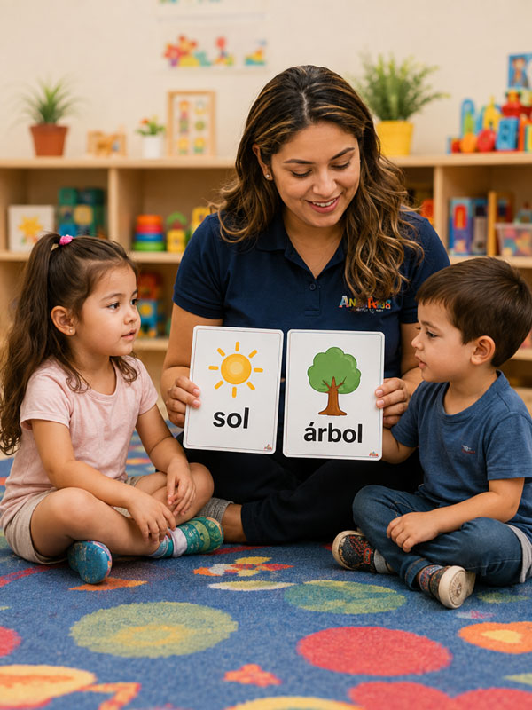 A smiling teacher showing flashcards with the words 'sol' (sun) and 'árbol' (tree) to an engaged young girl in a classroom setting.
