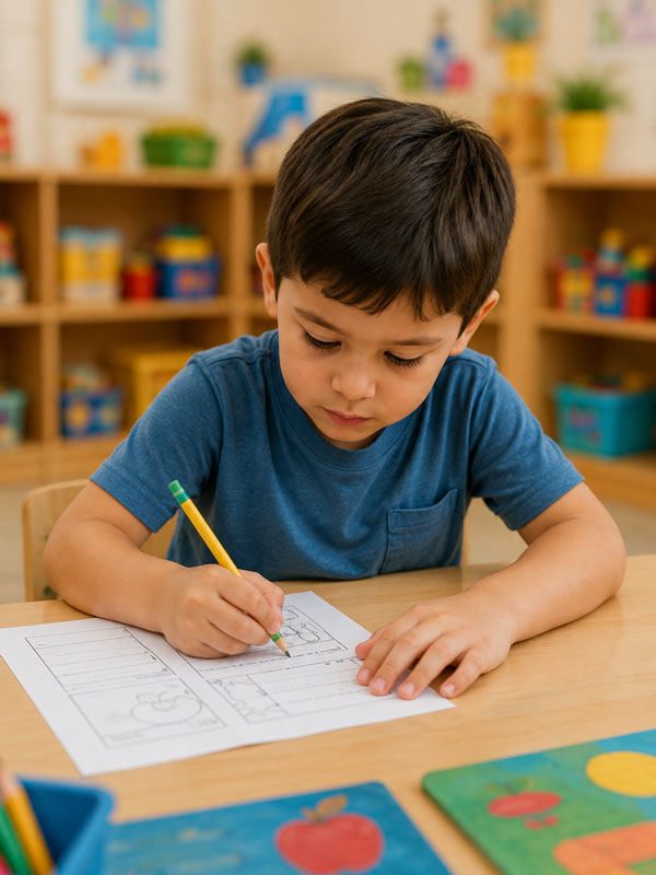 A young boy looking thoughtfully at the camera while holding a blue crayon over a piece of paper.