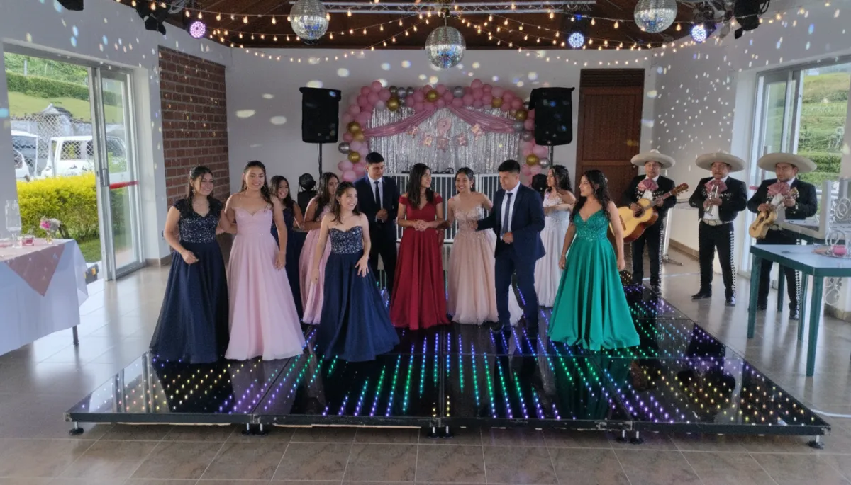 Pista de baile LED iluminada con estilo neón en fiesta de quinceañera