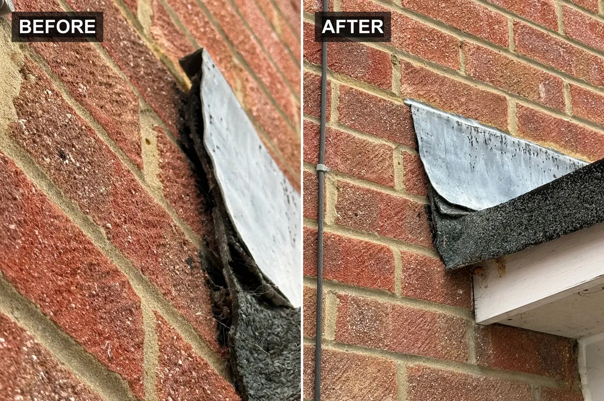 Lead flashing on a bay window roof before and after repair by Five Star Roofing