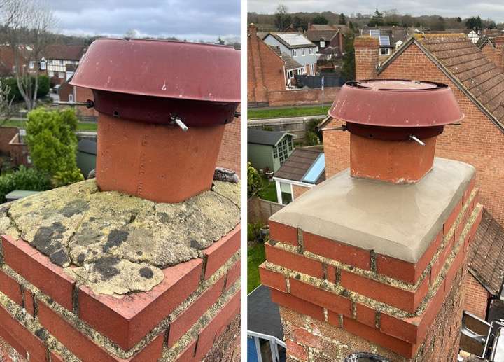 Chimney repair before and after showing fresh repointing and new mortar cap