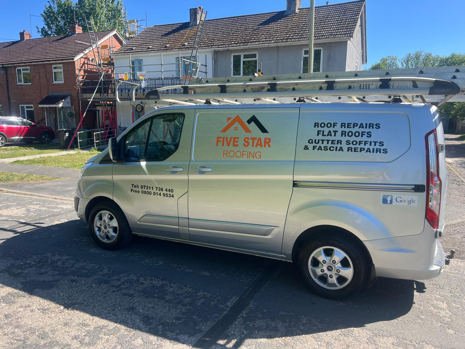 Five Star Roofing branded van with ladders ready for a roofing job