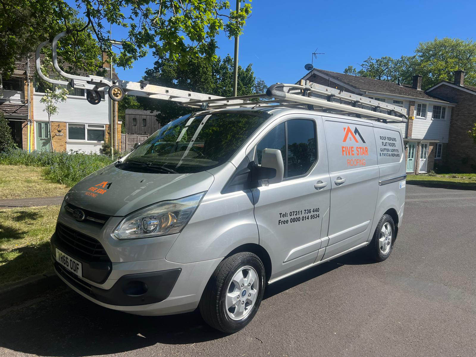 Five Star Roofing branded van with ladders ready for a roofing job