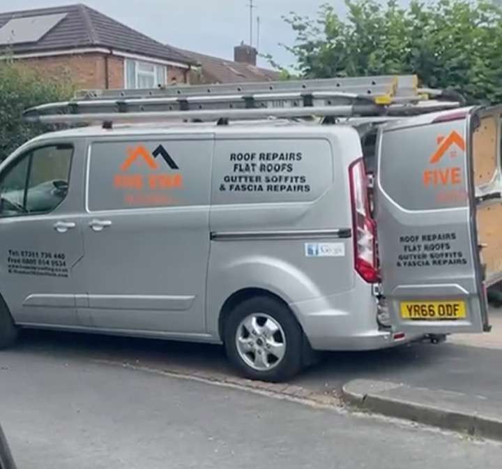 Five Star Roofing branded van with ladders ready for a roofing job