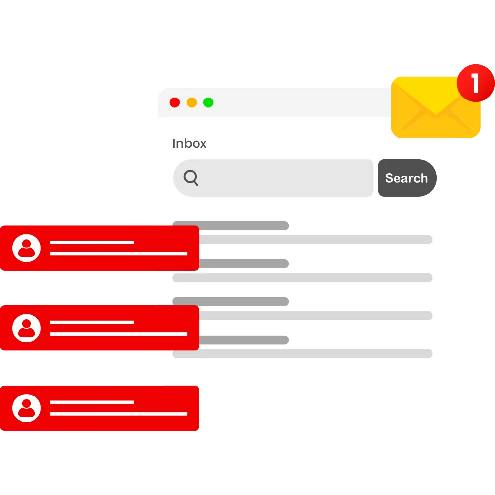 Image Representing Easy Conversational Capabilities Of Lead-Finity (The System We Encourage Sales Funnels Succss Academy Students To Use) It Basically Is An Image Of What The Inside Of Someone Email Inbox Would Look Like If They Opened It On Their Phone. There Is An Envelope WIth A Little Bubble And A #1 To Show They Have An Email. 