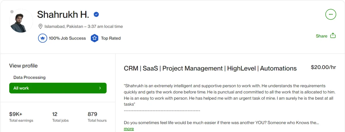 Shahrukh Haider Upwork Profile