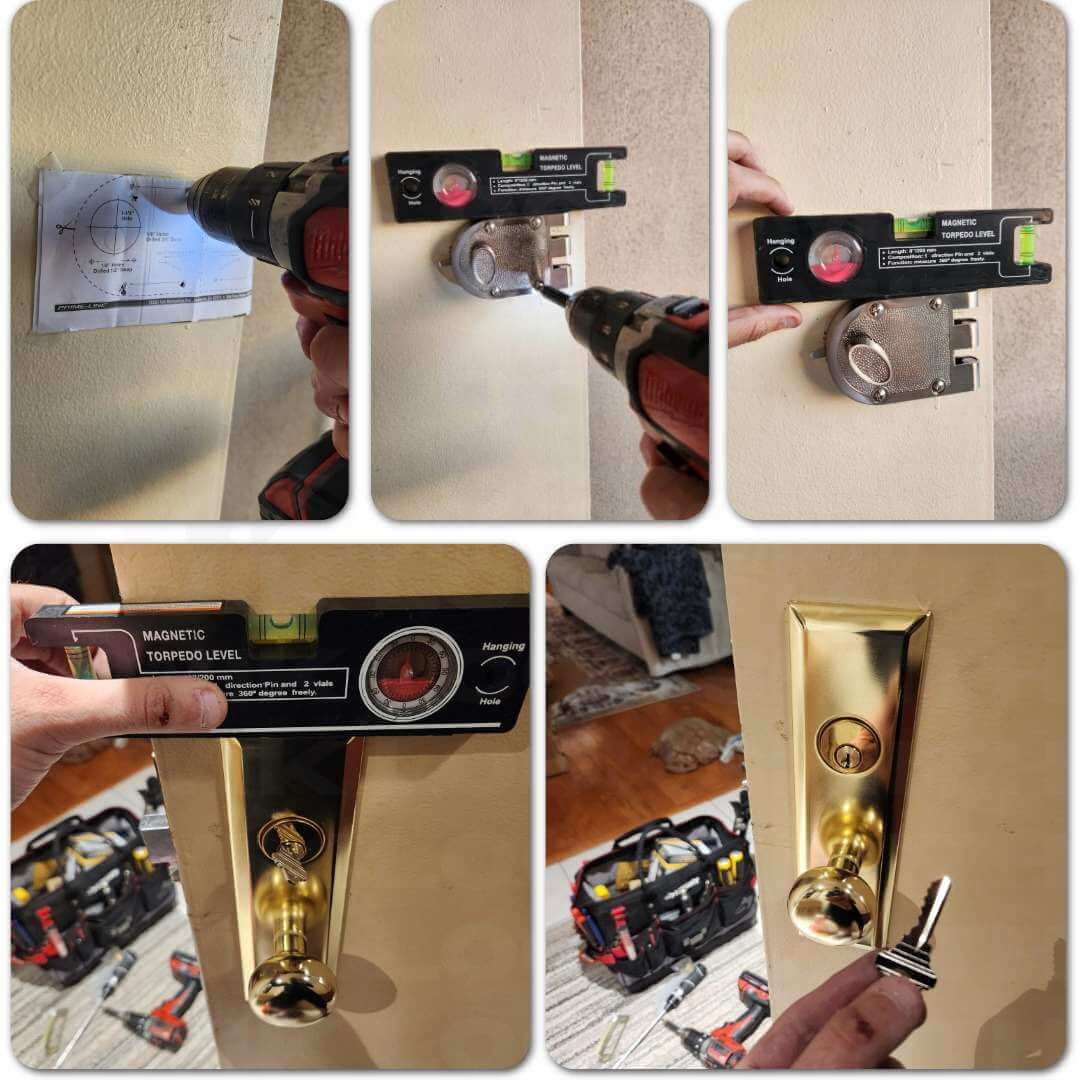 Locksmith installing residential door hardware and new deadbolt lock