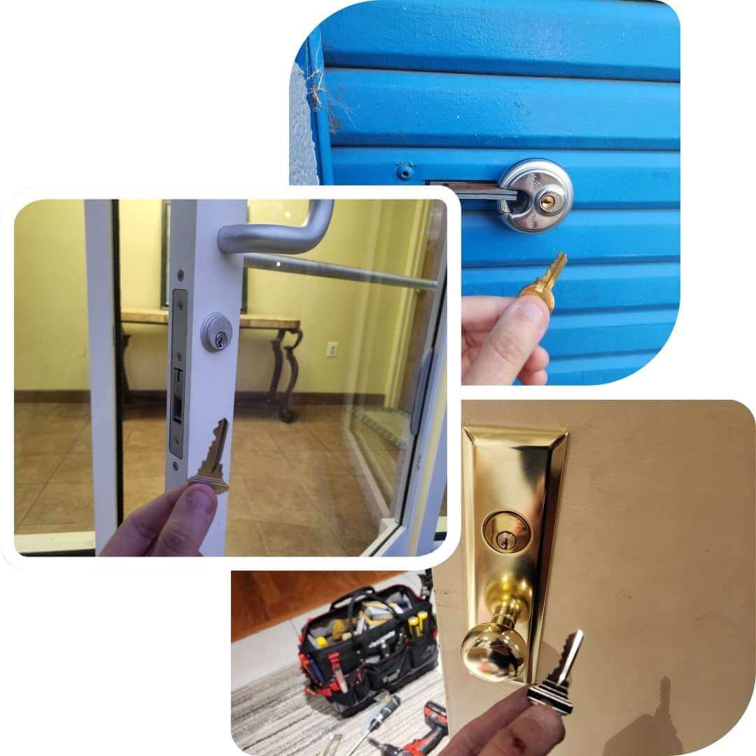 Collage: Full locksmith coverage for homes, storefronts, and storage units