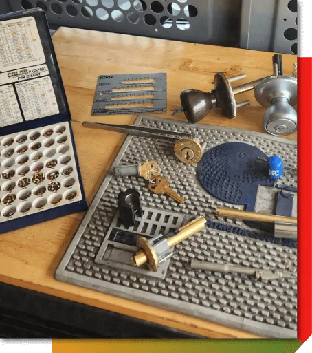 Rekey setup with residential lock hardware, cylinders, and pinning kit laid out