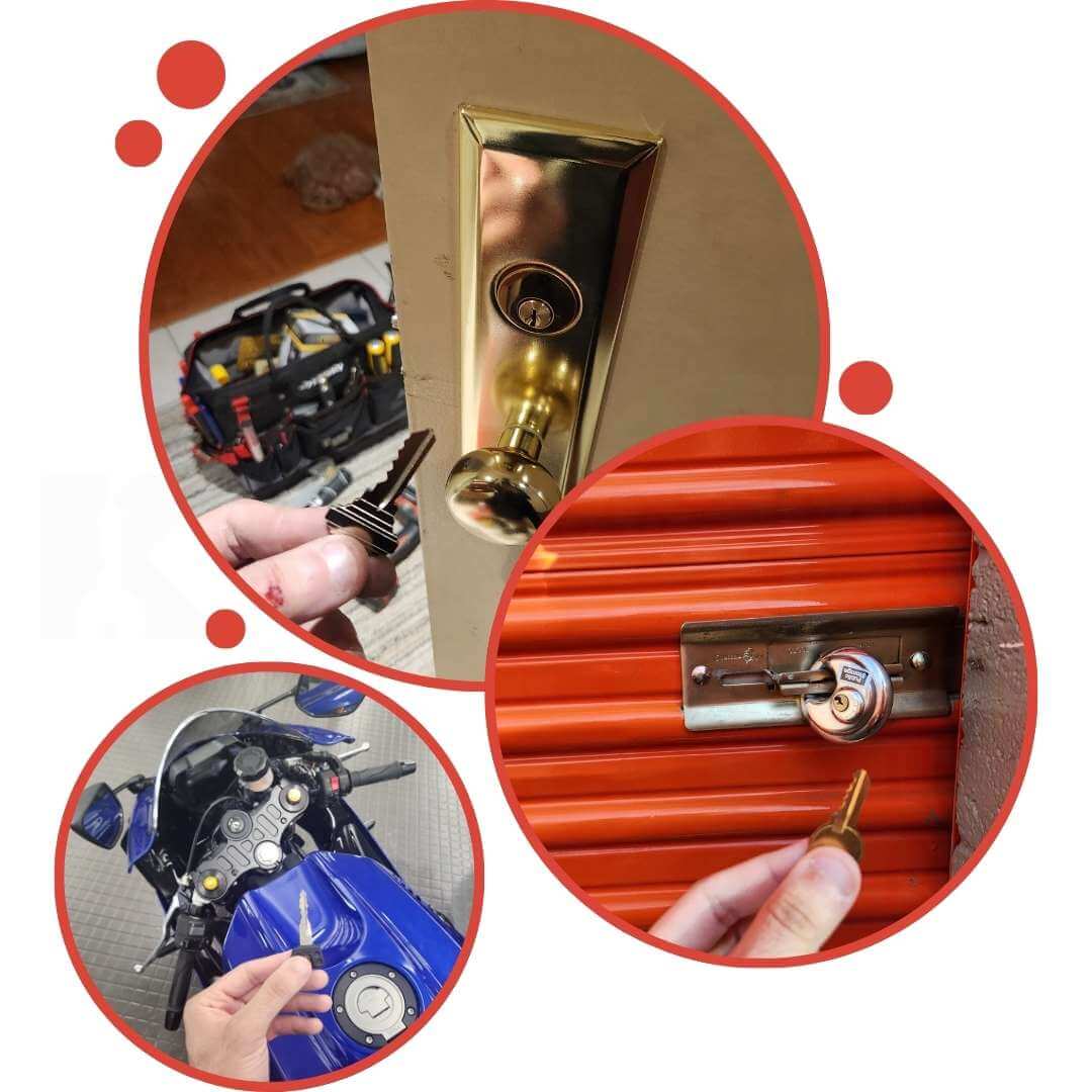 Collage: Locksmith service overview for residential, commercial, storage, automotive, and motorbike
