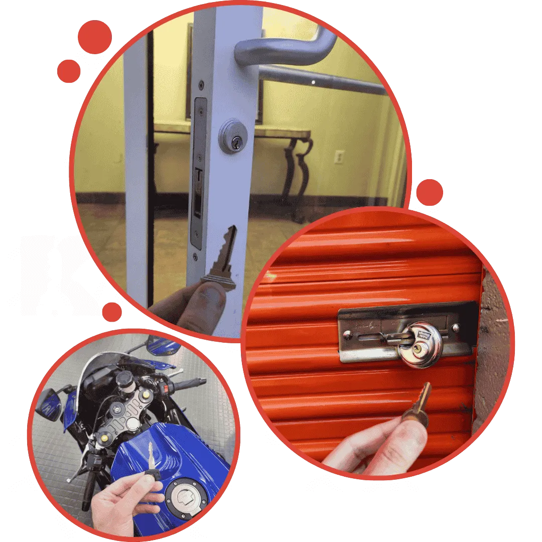 Business and storage unit entry lock service showing key and commercial door hardware as well vehicle key making