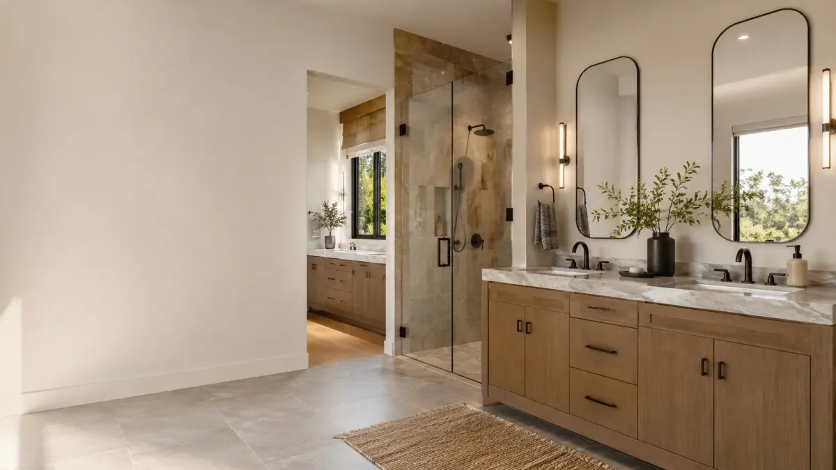 Single-story Porterville, CA residence with upgraded exterior finishes and a newly remodeled kitchen visible through large front windows.