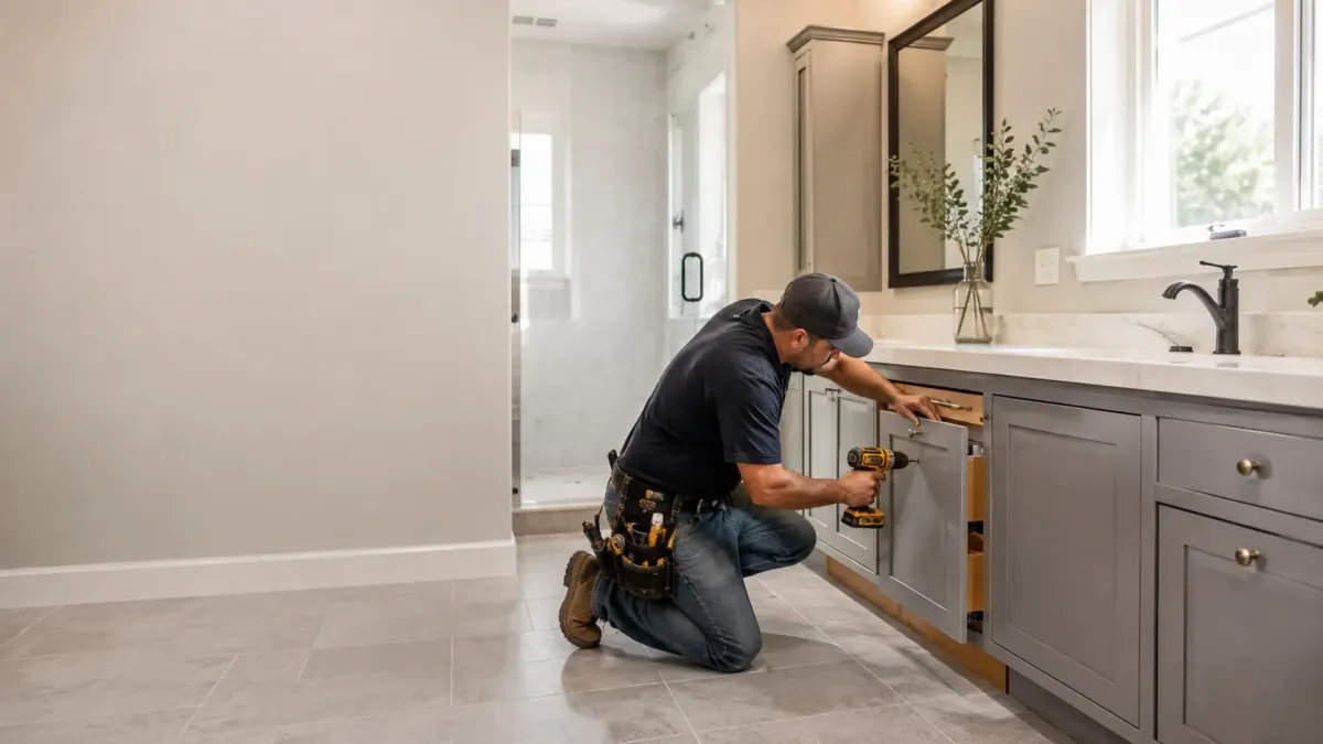 Contractor refacing residential cabinetry with new doors, drawer fronts, and updated hardware in Porterville, CA.