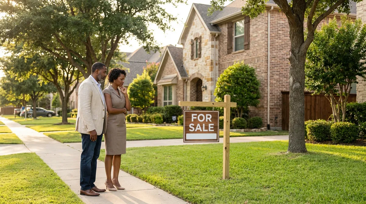 Midlothian TX homeowner reviewing a price reduction strategy with a for-sale sign in the 2026 DFW buyer's market