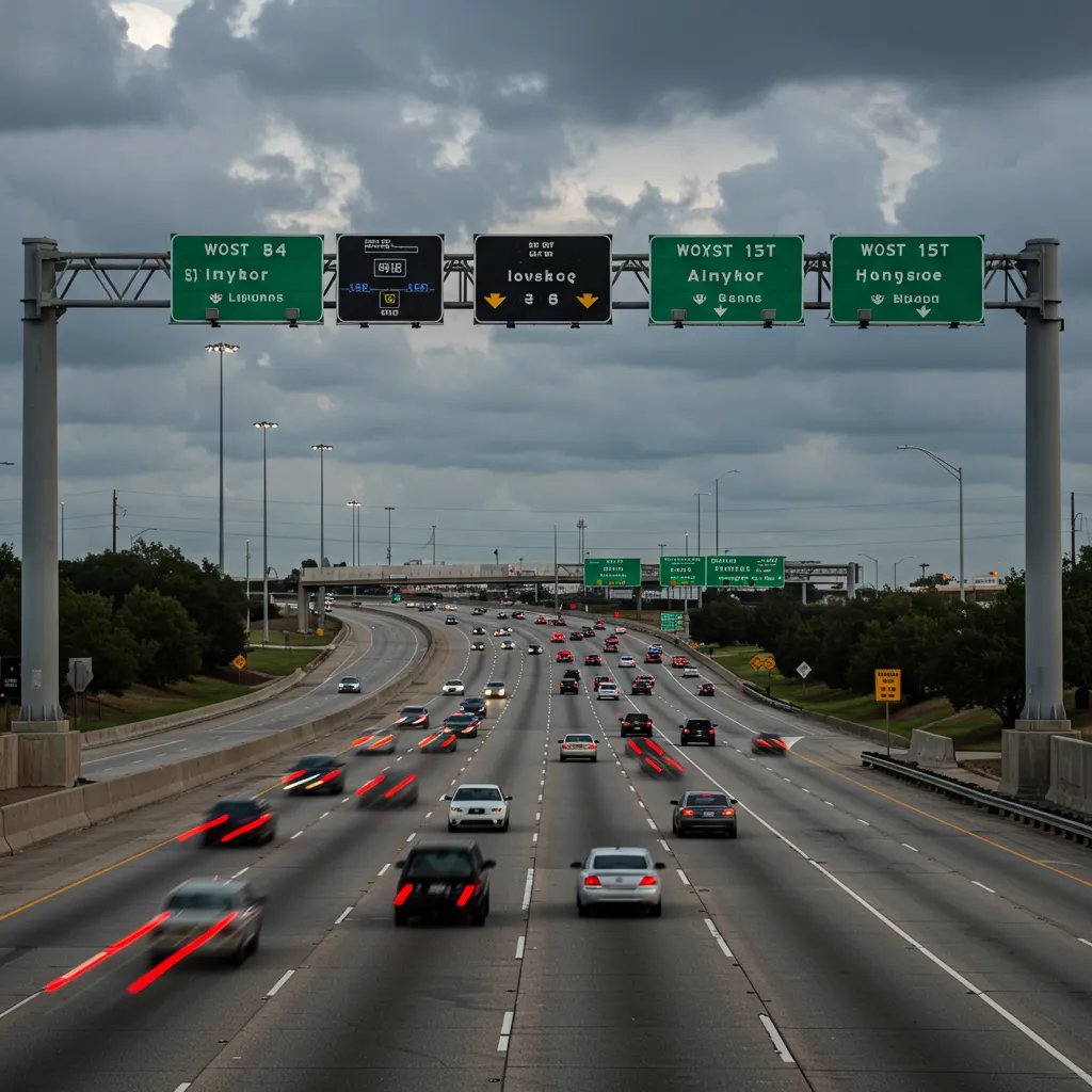 A high-speed electronic toll gantry over a busy North Texas highway, symbolizing the integration of tolls into daily DFW life.