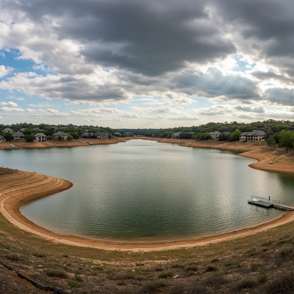 A panoramic view of the Bois d'Arc Lake reservoir in North Texas, highlighting new luxury home developments along its shoreline.